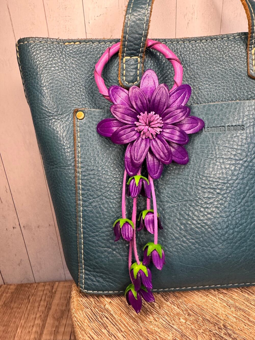 Genuine Leather Flower Purse Charm Purple Daisy Flower Leather Bag Charm NEW!